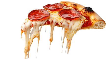 A slice of pepperoni pizza with melted cheese dripping down on a white isolated background view