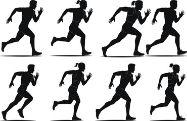 Running silhouette sequence, athletic motion study, human biomechanics illustration, dynamic posture vector, sports training concept, fitness movement cycle, black figure artwork