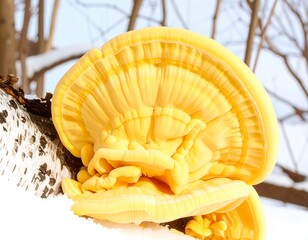 Close-up of bright yellow fungus on snowy branch