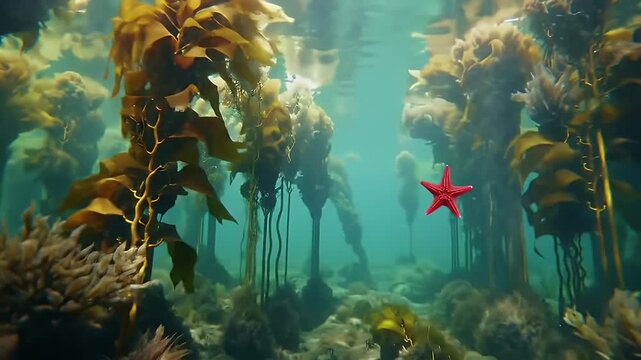 A vibrant underwater scene reveals a profusion of kelp forests, with a solitary starfish amidst the rich marine life.