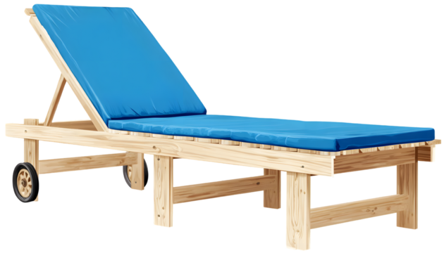 Wooden sun lounger with blue fabric.