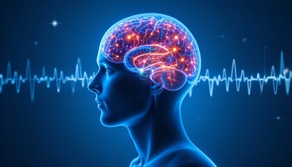 Obraz premium Glowing stylized human brain with neural activity and electric wave illustration concept render