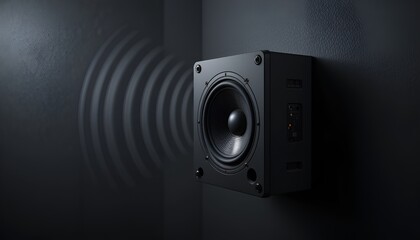 Modern black speaker mounted on dark wall with sound waves emanating from it elegantly