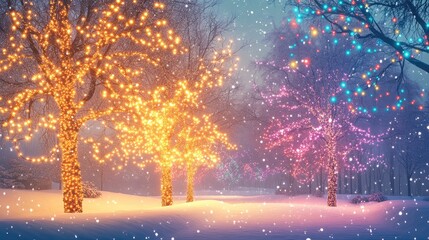 A Christmas tree with lights on it is in the snow