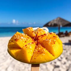Mango slices on a stick, beach scene