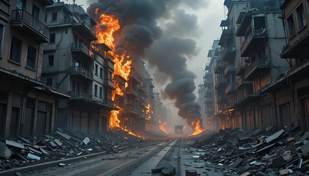 A city street engulfed in raging flames and billowing smoke after a catastrophe or disaster - Powered by Adobe