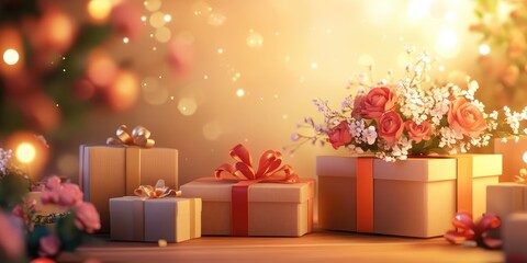 A bunch of presents are on a table with a bouquet of flowers in the middle