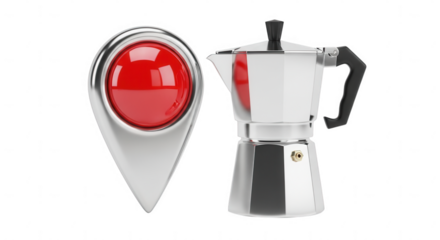 A silver moka pot next to a red location marker isolated on transparent background
