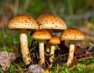 Close-up of clustered mushrooms in forest floor