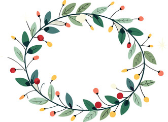 Hand-drawn decorative wreath of eucalyptus, tiny lights, and berries for holiday quote cards.