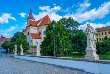 Baroque stone bridge and holy cross church in Namest nad Oslavou