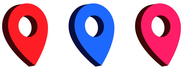 3d location map pointer icon, place pin marker sign - isometric red gps map pointers in red frame, destination symbols in 3d. blue and red location icon