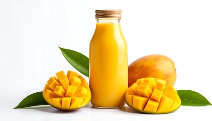 Mango smoothie in a glass bottle, with fresh mango slices and leaves