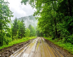 Obraz premium A muddy forest road winds through lush green trees under a hazy sky