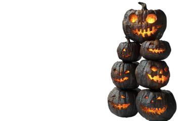 Stack of jack o lanterns with varied faces glowing in candlelight creating a spooky display isolated on transparent background PNG