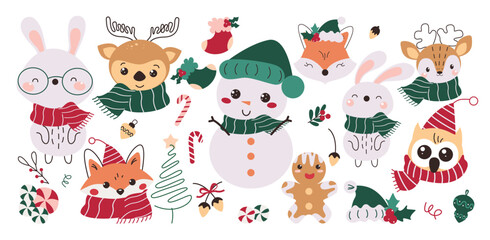 Christmas characters clipart set. Christmas characters and Christmas elements clip art doodle animals symbol decoration with cute and happy face holiday season collection vector illustration.
