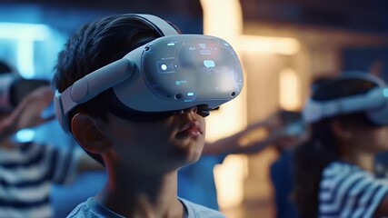 Beta Generation Young children immersed in virtual reality headsets, experiencing a new digital world of learning and entertainment - Powered by Adobe