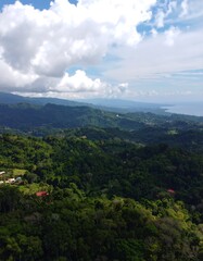Fototapeta premium Blurred view of lush green mountains and a coastline