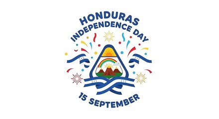 Honduras Independence Day: Festive Emblem with Flag, Rainbow, and Fireworks
