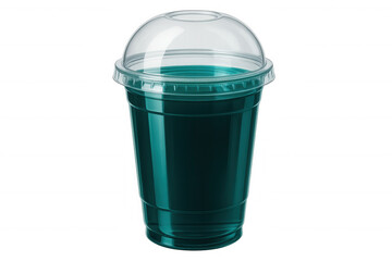 Obraz premium Vibrant green smoothie in clear plastic cup with transparent lid, set against clean white backdrop, highlighting beverage design