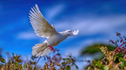 White dove flying over a serene battlefield at sunset with scattered broken weapons, symbolizing peace and the end of conflict. Concept of hope, harmony, and resolution after war.
