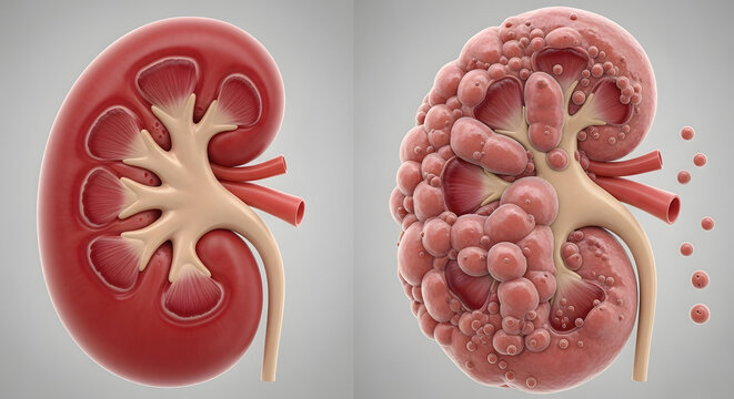 A medical illustration comparing a healthy human kidney with one affected by polycystic kidney disease, showing numerous cysts.