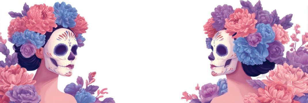 Two women with calavera makeup and floral wreaths. Day of the Dead celebration concept. Dia de los Muertos festival for greeting card. - Powered by Adobe