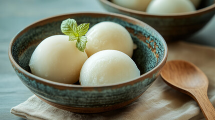 Mochi Ice Cream Balls in Bowl with Mint, Japanese Dessert
