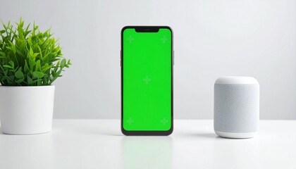Smartphone with a green screen and smart speaker, with a potted plant on a white table