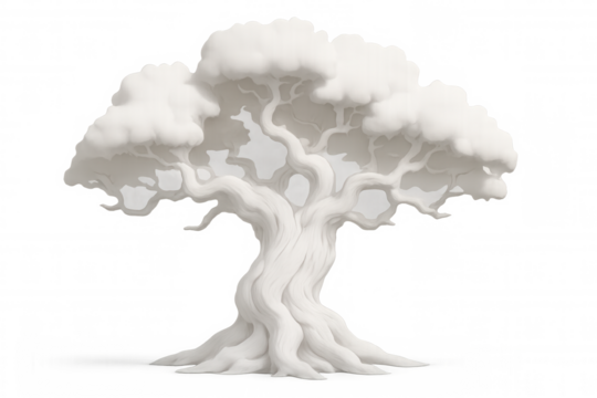 Minimalist white 3d tree silhouette floating on transparent backdrop, enhancing graphic design and creative visual compositions