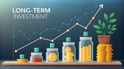 long term investment trend concept. Long-term investment growth with jars and plant illustration.