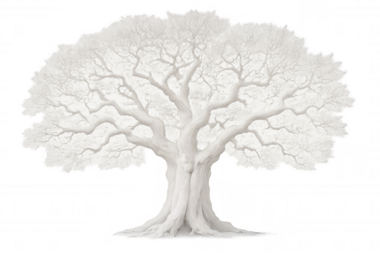 Delicate white tree spreading intricate branches skyward, silhouetted against transparent backdrop, revealing elegant natural structure