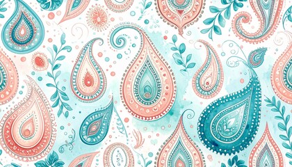 Bohemian Watercolor Paisley Pattern Teardrop Motifs, Swirling Vines, and Delicate Artistry