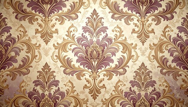 Fototapeta Elegant seamless classic damask pattern in luxurious gold and rich purple tones for sophisticated interior design