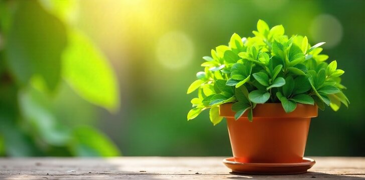 Fototapeta A vibrant, terracotta flowerpot overflowing with lush green potted plants Sunlight streams in, highlighting the healthy foliage Perfect for spring or summer themes , blossom, plants, plant pot