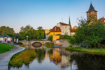 Sunrise view of the black tower in Pilsen, Czech republic