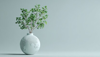 Minimalist green plant in a round white vase on a serene light blue background.