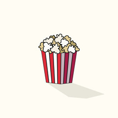 Cartoon style popcorn vector. A fun illustration of a classic red and white striped popcorn box, perfect for movie-themed designs, party invitations, or food-related graphics