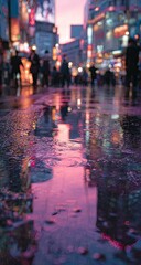 Rainy City Night with Neon Reflections on Wet Pavement.