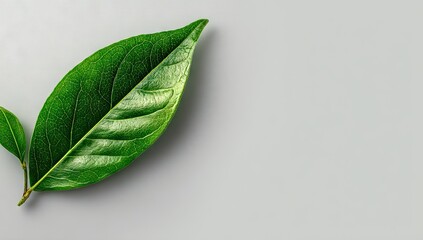 Closeup of Two Lush Green Leaves on a Light Gray Background.