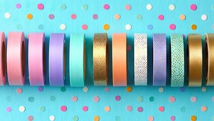 Vibrant Collection of Decorative Washi Tapes on a Confetti Background.