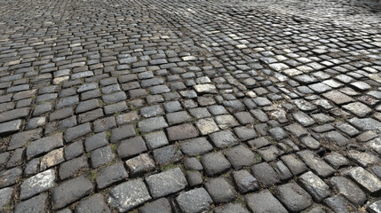 Worn gray cobblestone texture with rough edges and dirt, ideal for aged pavements and natural outdoor 3D environments