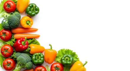 Fresh raw vegetables forming a colorful corner border on a clean white background. Healthy eating and nutrition concept with assorted produce and copy space