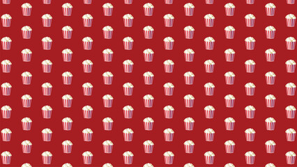 A seamless vector pattern featuring classic red and white striped popcorn boxes on a bold red background. Ideal for movie posters, party themes, and snack-related designs
