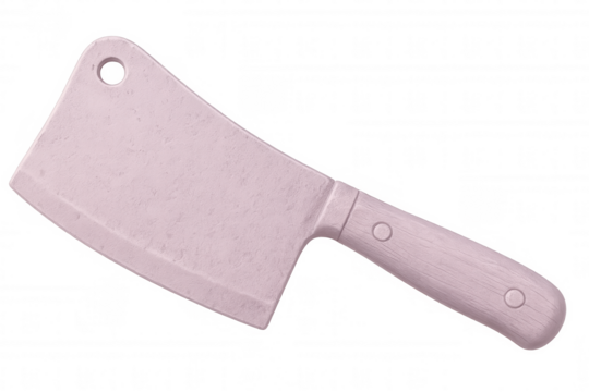 Pink chef's knife featuring wooden handle, resting on clear surface with clean backdrop and professional styling