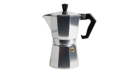 Silver stovetop coffee maker with black handle isolated on transparent background