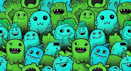 A whimsical pattern of cartoon monsters in shades of green and blue, featuring various expressions and unique characteristics.