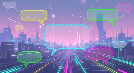 A stylized cityscape with glowing speech bubbles hovering above, connected by lines of light, suggesting communication and connection in a digital urban environment.