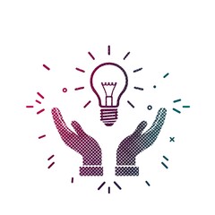 Illuminated bulb emits light rays above cupped hands in a flat design with dotted texture style.