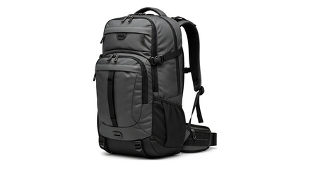 A gray and black hiking backpack with multiple compartments isolated on a white background studio shot